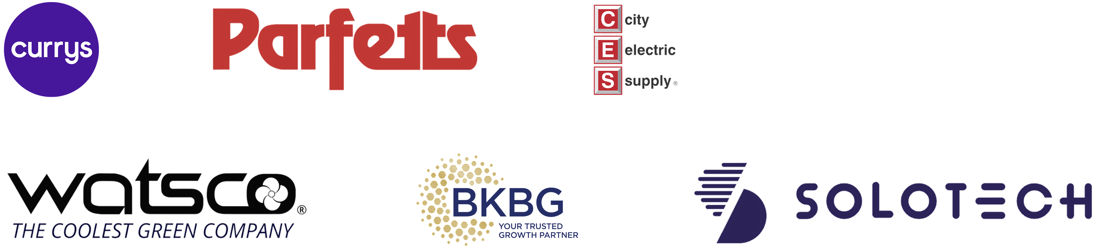 Customer logos — Currys, Parfetts, City Electrical, Watsco, BKBG, Solotech