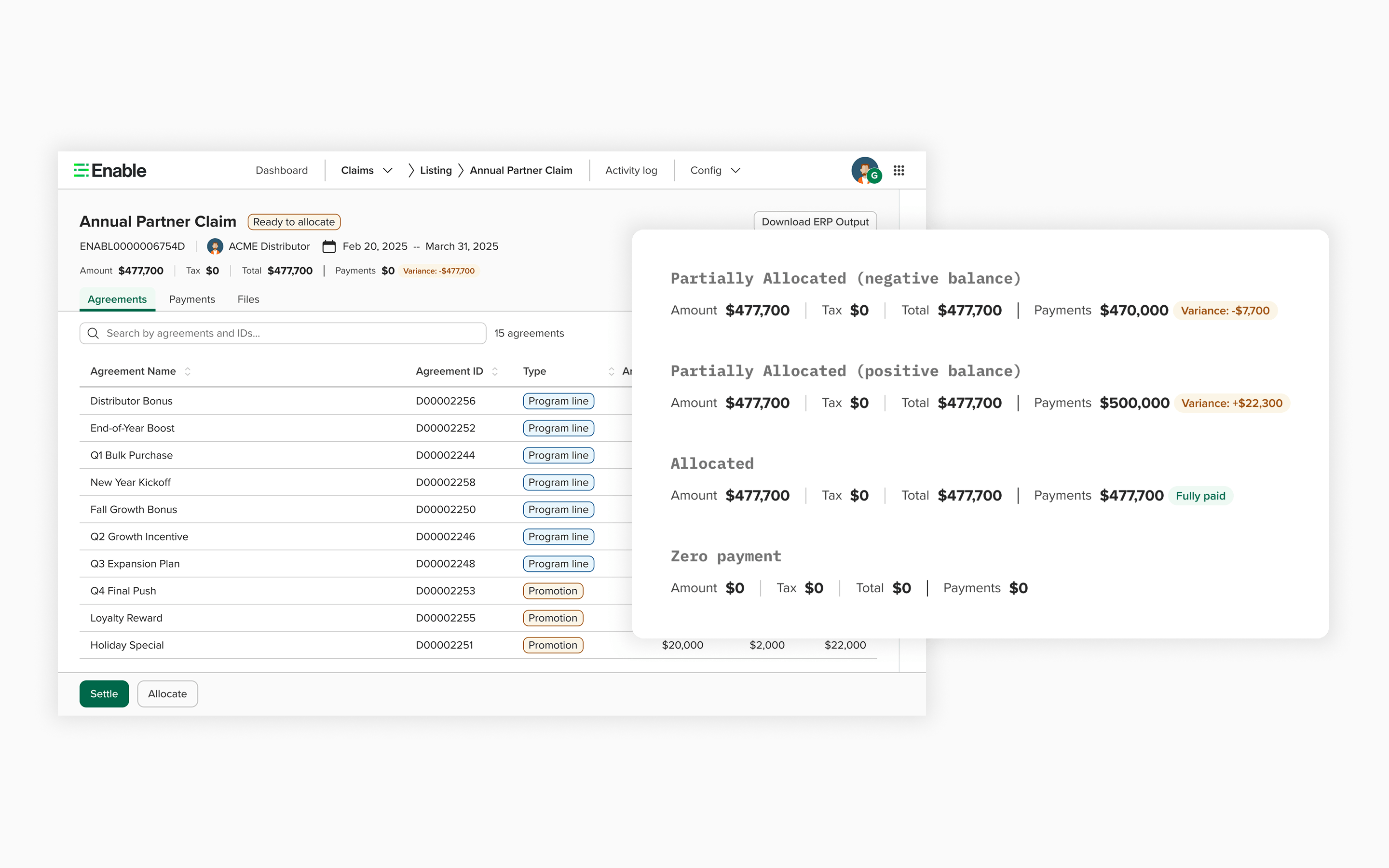 Payment allocation states — over, under, exact match, zero value