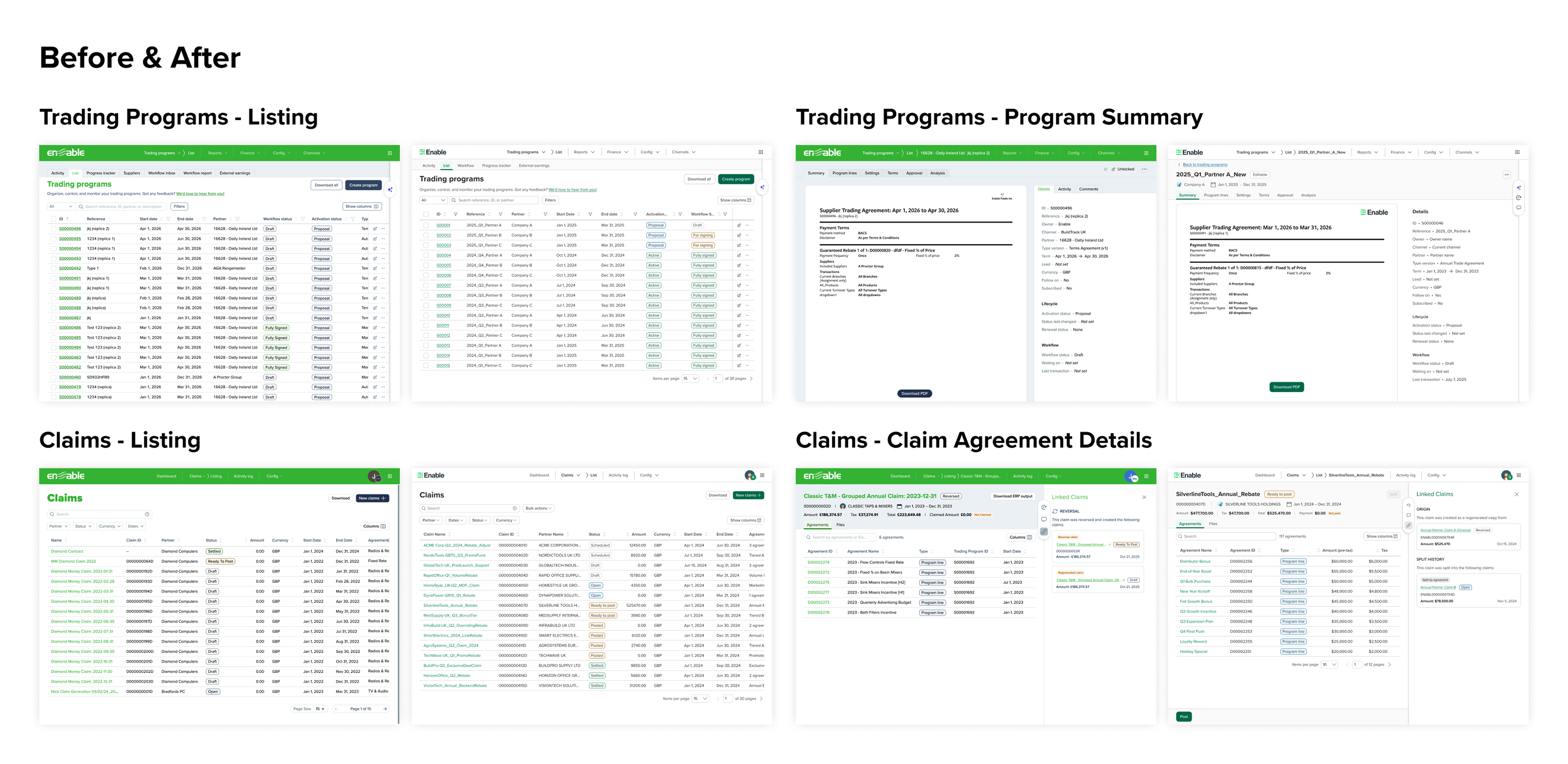Rebrand before and after across Trading Programs and Claims surfaces
