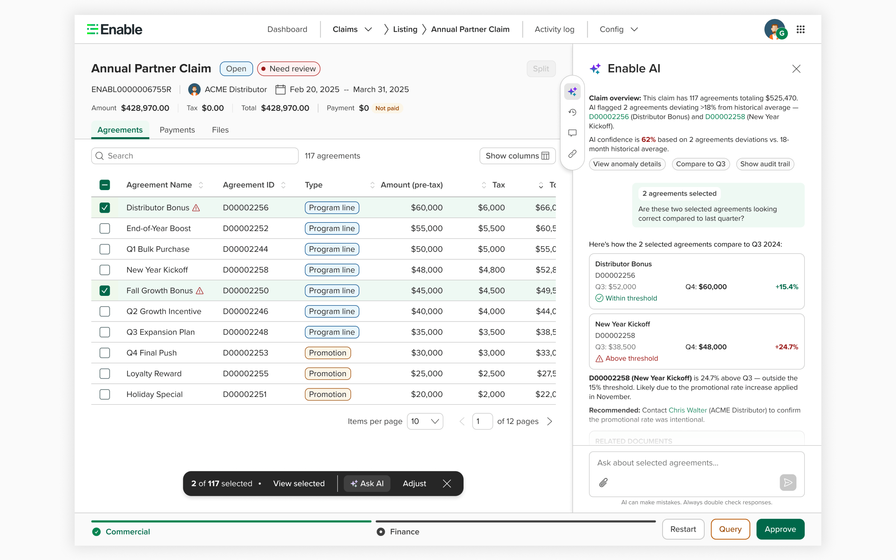 AI-assisted claim detail — contextual conversation with agreement comparison and document surfacing